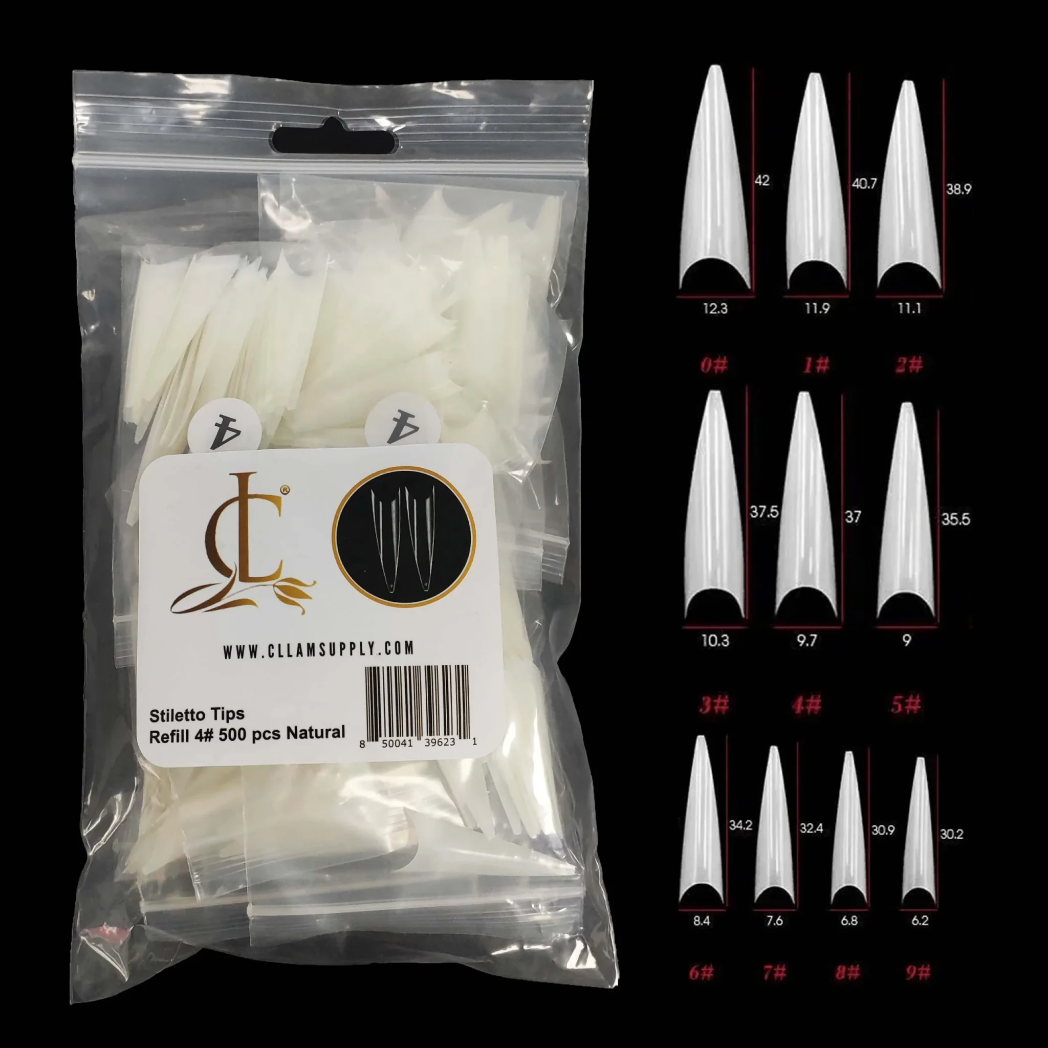 long stiletto tips refill single size 0-9 clear & natural
