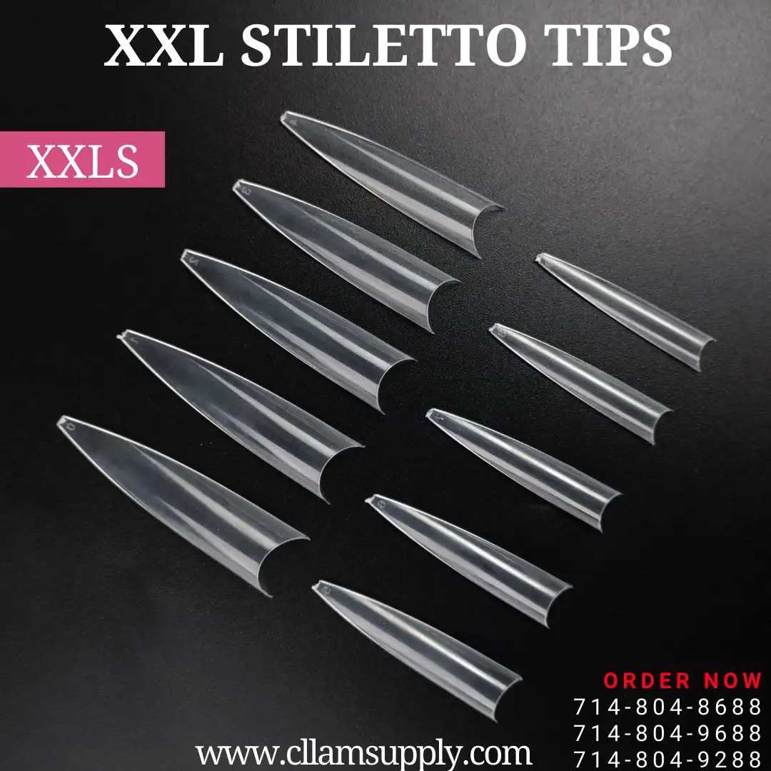 No C Curve XXL (2XL) Stiletto Tips, Clear, Size 0-9