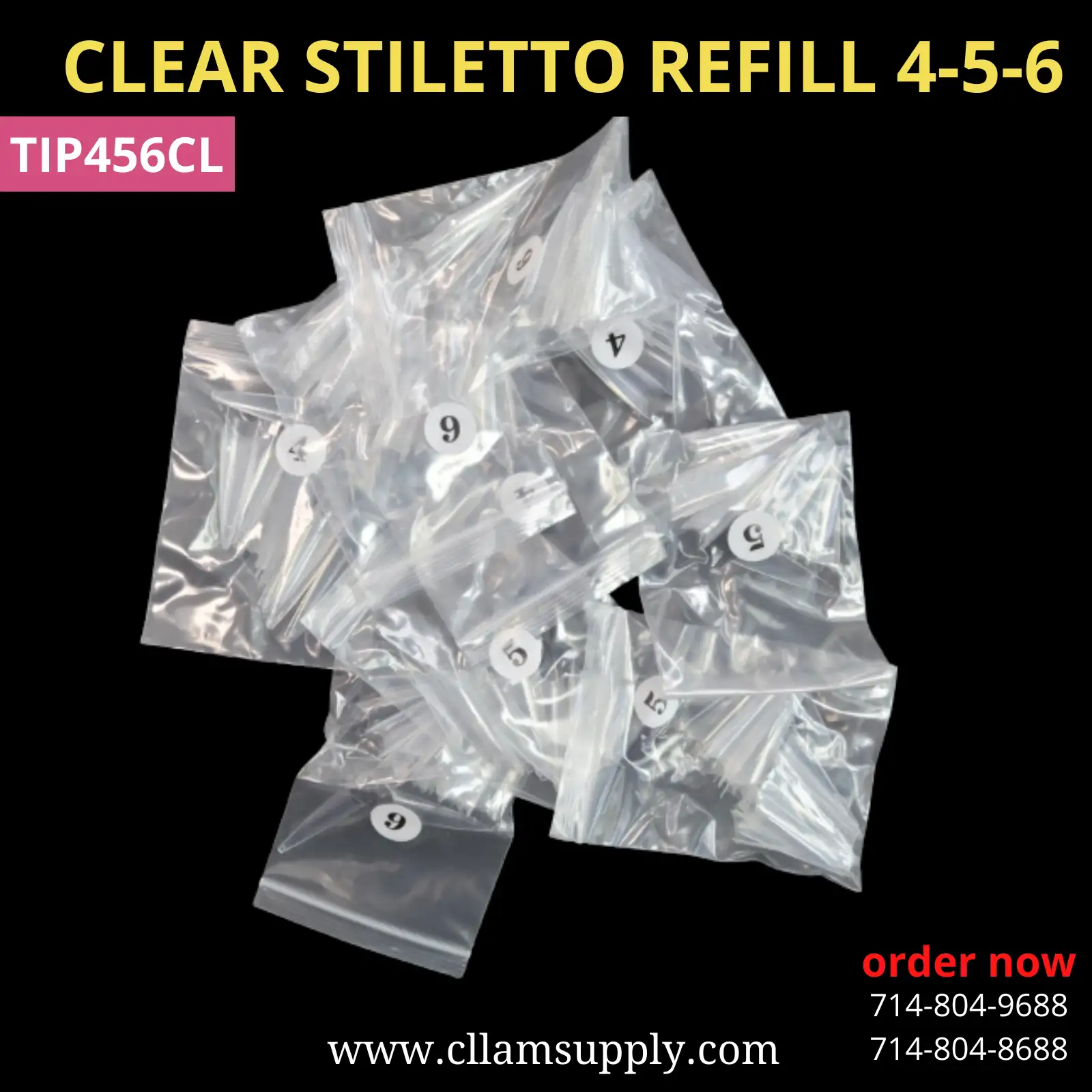 Long Stiletto Tips, Clear, Refill Size 4-6